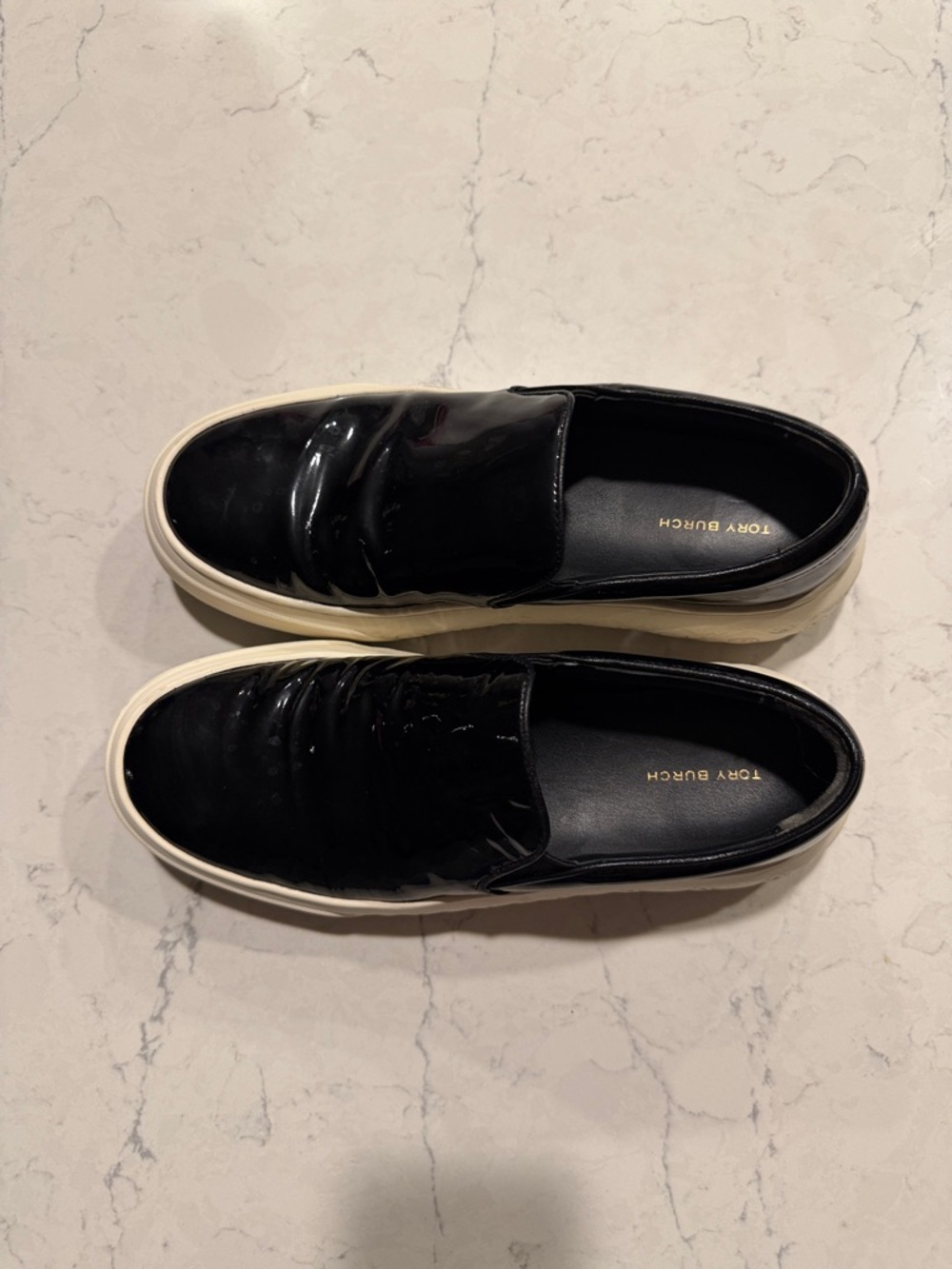 Tory Burch Black Patent Leather Slip-On Sneakers with Cream Sole